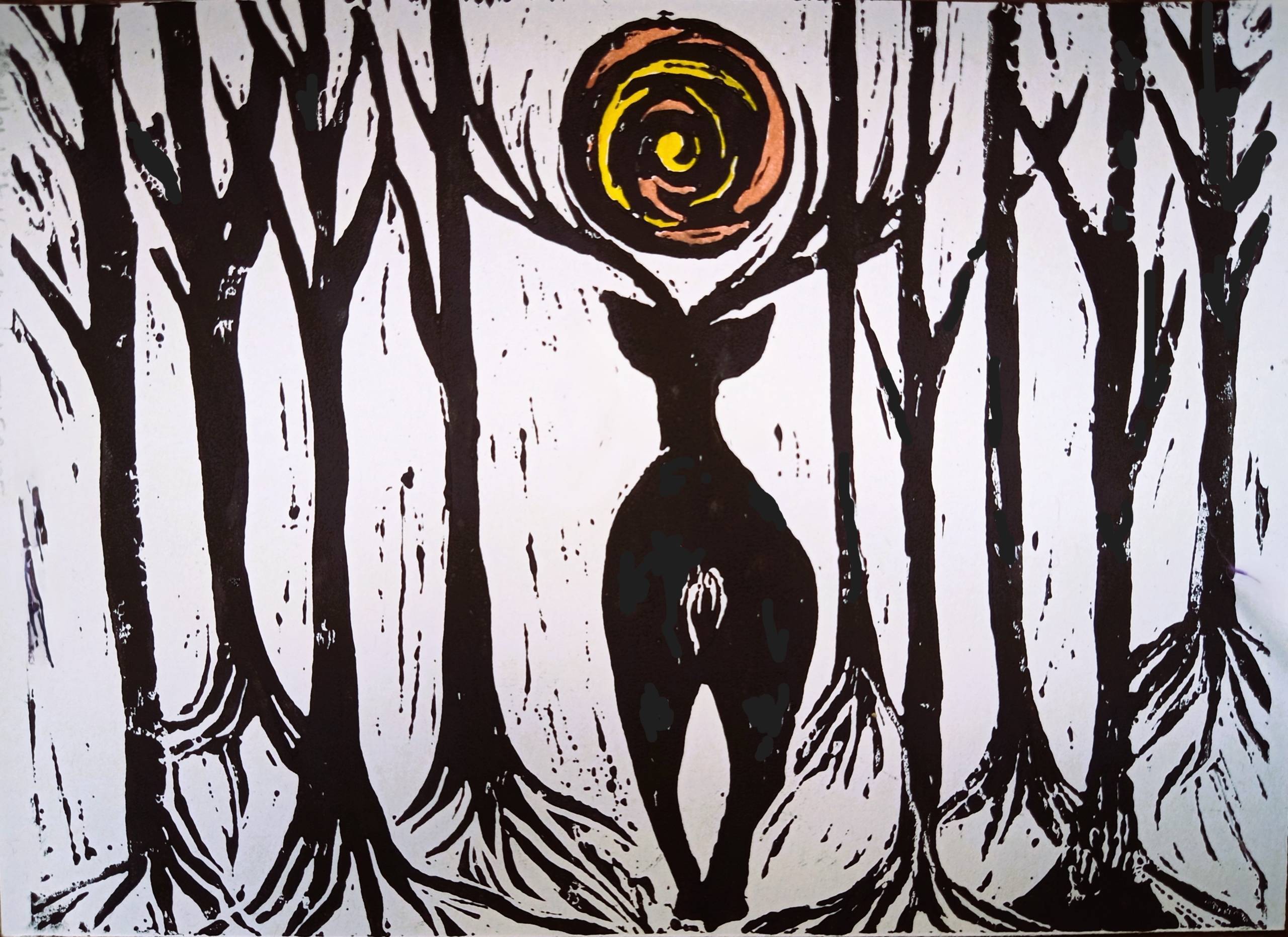 An illustration of a mother deer walking through a woodland towards the orange sun