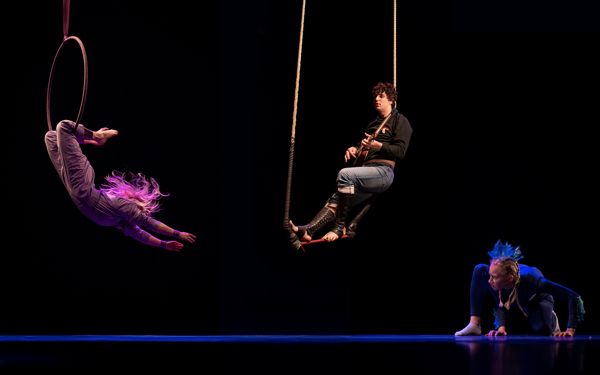 A collage image of students performing various disciplines for their Final Major Project module at Circomedia. These driplines include aerial hoop, trapeze, acrobatics, and music.