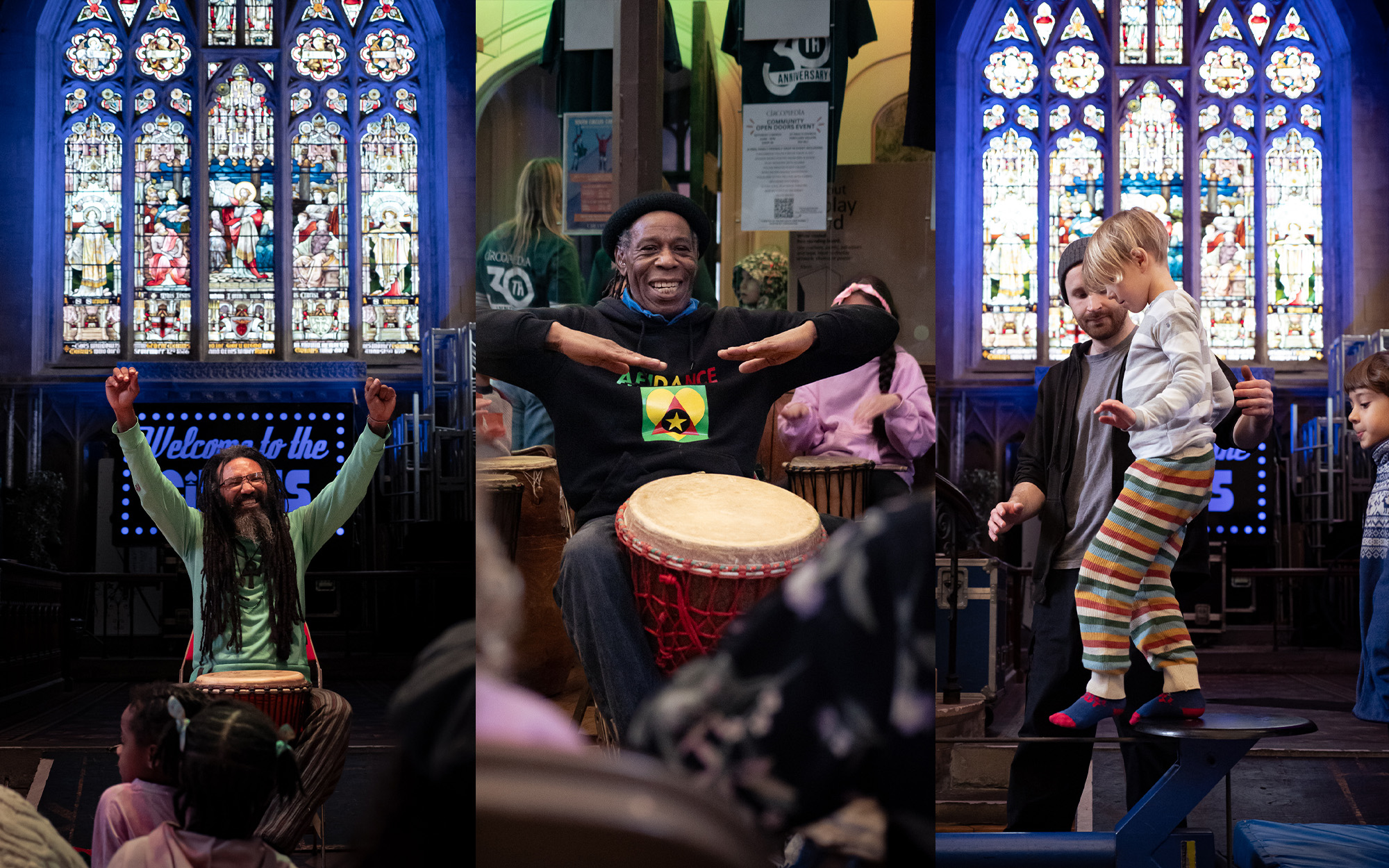 Collage image is the various activities available at the Circomedia Community Open Doors. We see a story teller, someone leading a drumming workshop, and a child being taught tightwire and circus skills.