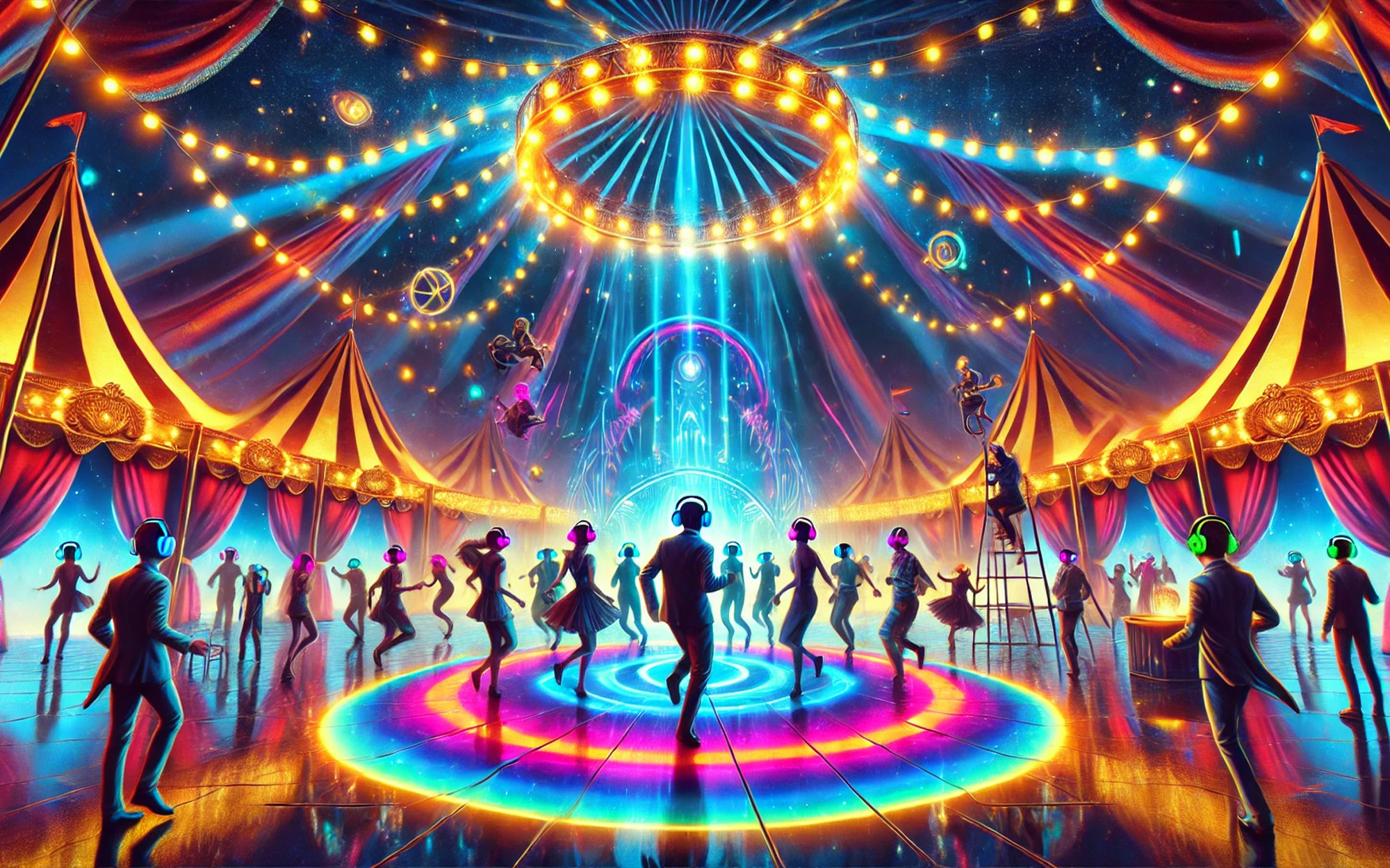 AI Generated image. The image consists of many people dancing, in a large space, wearing colourful headphones. The spire is bright with crazy lighting and circus style décor.