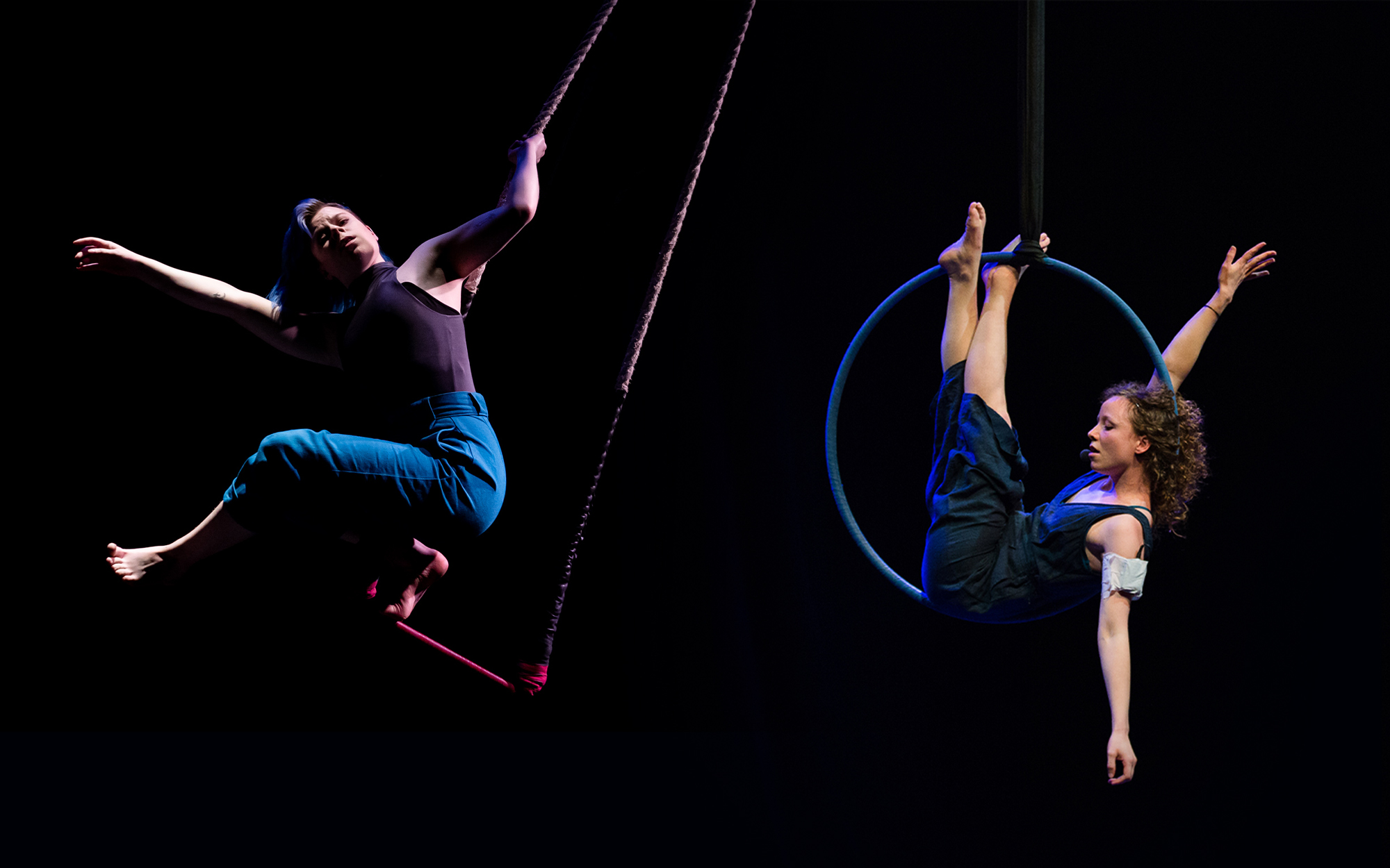 A collage image of artists performing various disciplines for at previous VOLT showcases at Circomedia. These driplines include aerial hoop and trapeze trapeze.